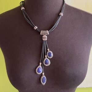 Turkish sterling silver lapis lazuli & crystals on leather necklace